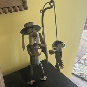 Metallic Dog and Fish Sculpture